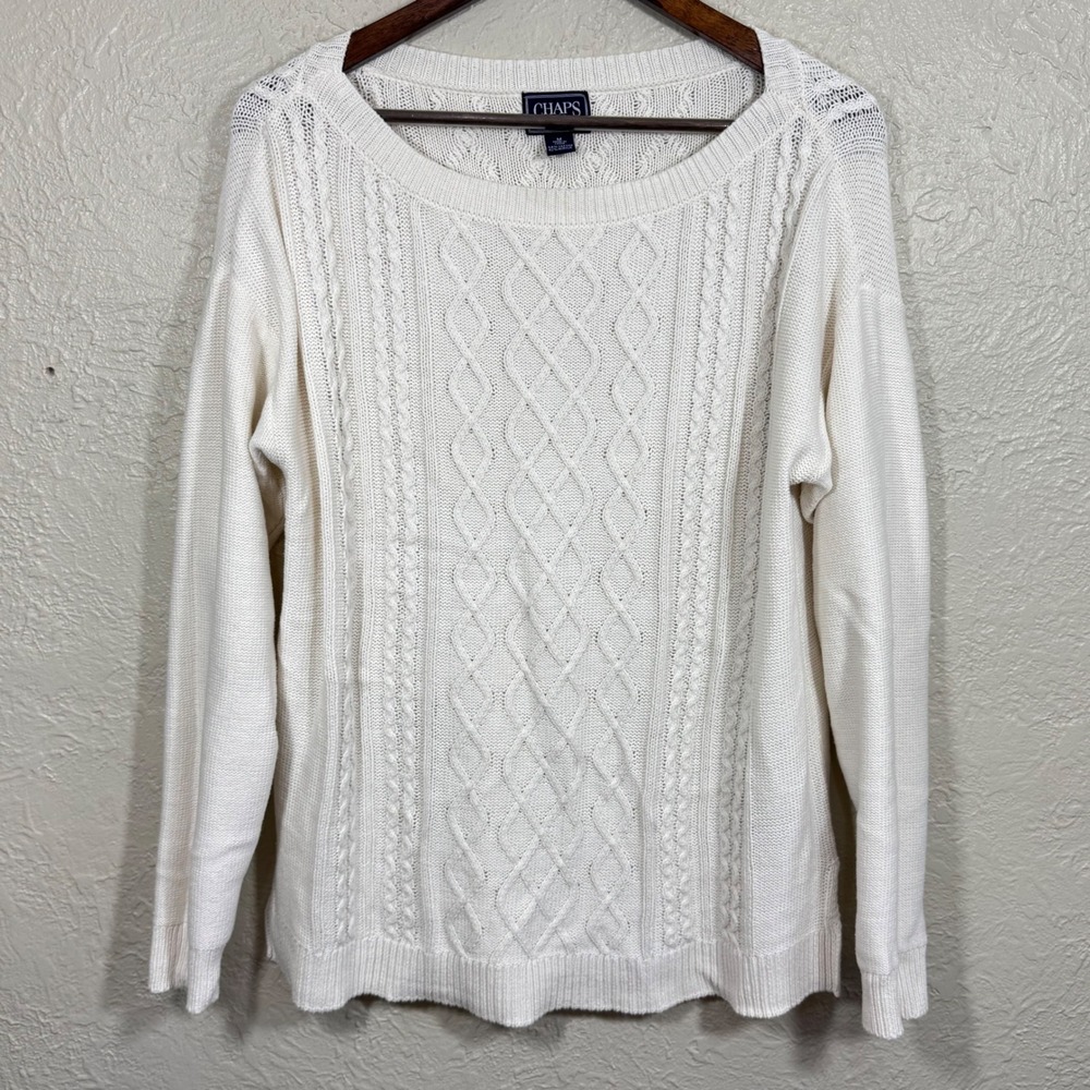 Vtg 90s Cable Knit Sweater Medium Chaps Ivory Old Money Quiet Luxury Minimalist